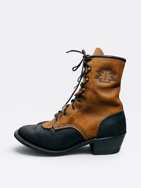 VTG Abilene Western Packer Brown Black Aztec Star Kiltie Lace Up Boots Prairie 6
